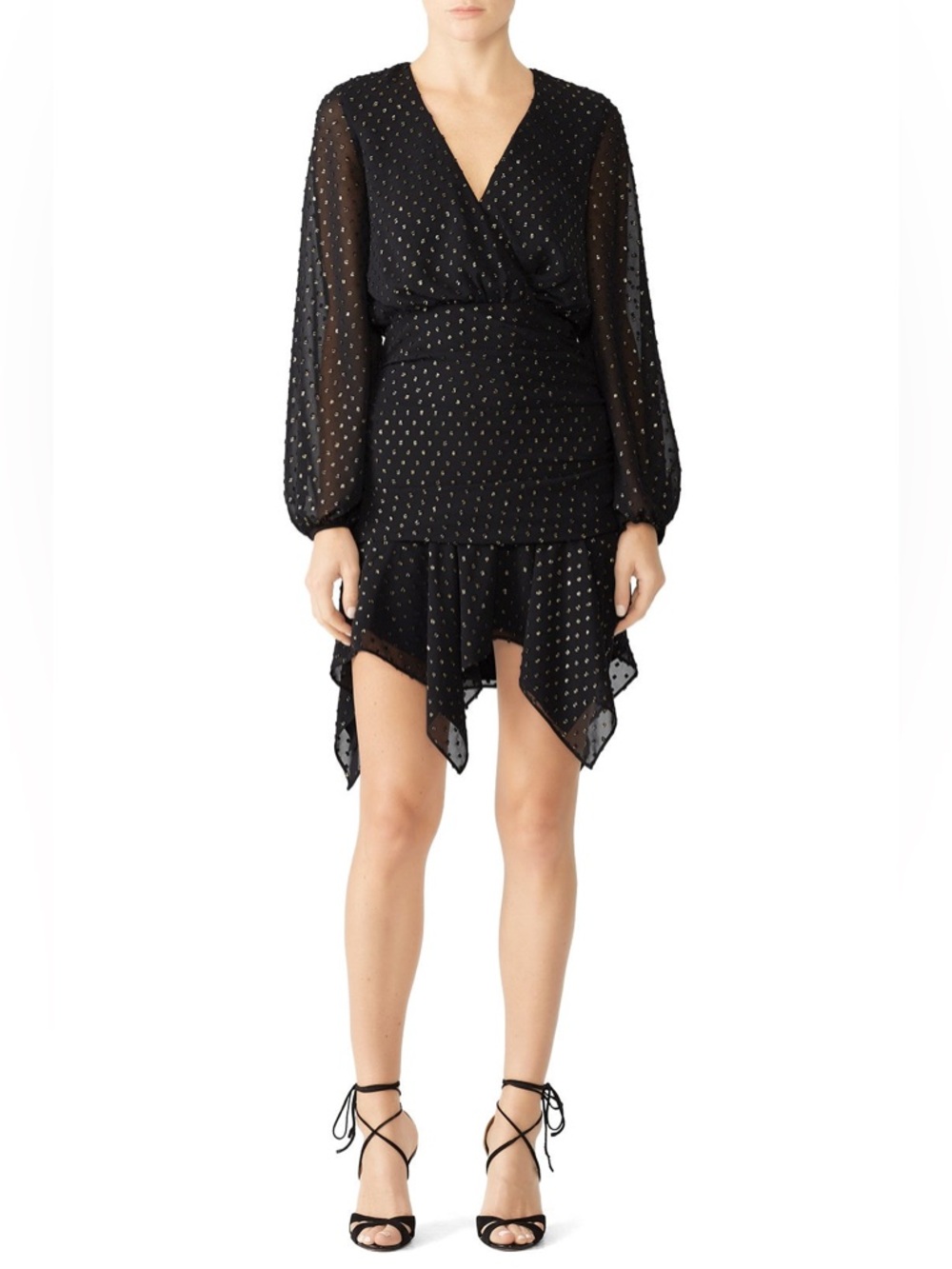 Asymmetrical Black Metallic Dot V-Neck Dress